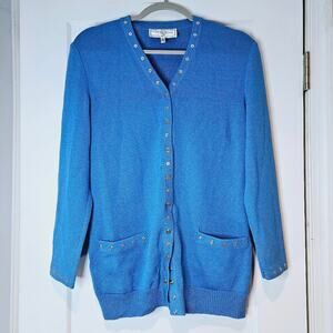 St. John Sport Blue Knit Cardigan Stud Trim Made In USA